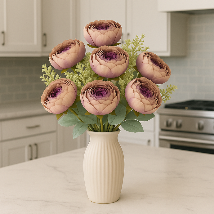 7-Head Peony Flower Bunch in BEIGE WITH LIGHT PURPLE Silk Flower Bunch with Fillers – 19