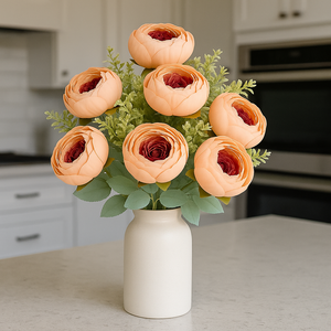 7-Head Peony Flower Bunch in PEACH with Burgundy Silk Flower Bunch with Fillers – 19" Bendable Stems Artificial Floral Bouquet for Vases, Home Decor, Office, Bedroom & Living Room