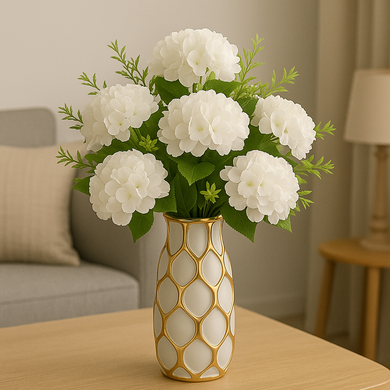 White Artificial Hydrangea Flower Bunch – 7 Silk Hydrangeas with Fillers for Vases | Home, Office & Living Room Decor