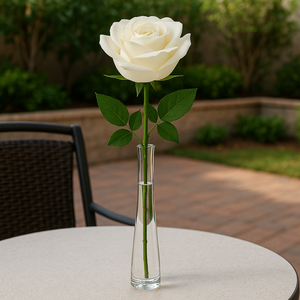 White Velvet Artificial Rose Stem – 20” Long Single Flower with Realistic Petals & Green Leaves for Home Decor, Vases, Weddings, Events