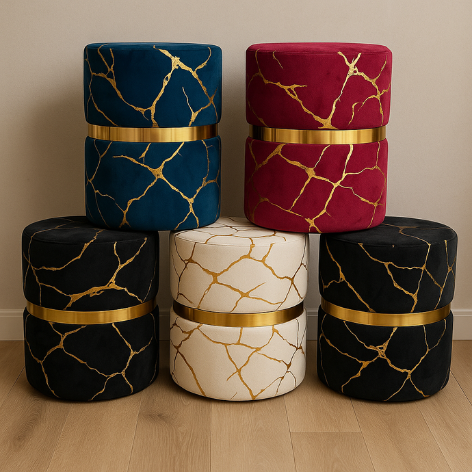 Round Velvet Ottoman Stool with Gold Detailing – Modern Accent Chair for Living Room, Bedroom, or Entryway – Multiple Colours