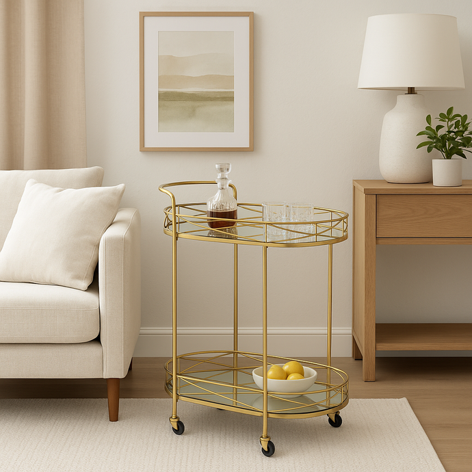 Cart Tray Modern Rolling 2-tier Cart in GOLD with Mirrors Two Shelf Lockable Wheels with Handle
