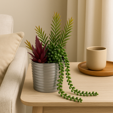 12" Artificial Plant in Silver Ceramic Pot | Succulent Arrangement with String of Pearls in Silver Pot – Modern Faux Plant for Home and Office Decor
