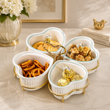 Serving Snack Tray Kitchen Golden Metal Tray White Heart Shape Ceramic Bowls for Fruits, Nuts Organizer, Multi Sectional Serving Plate