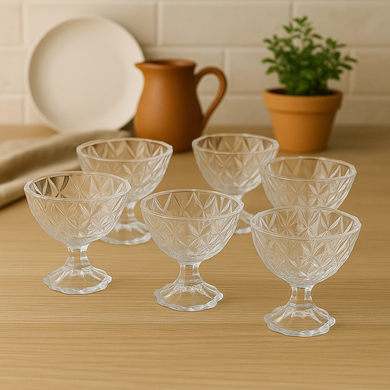 Set of 6 Crystal Glass Dessert Bowls – Elegant Footed Ice Cream Cups with Diamond-Cut Design – Premium Serving Dishes for Ice Cream, Sundaes, Fruit, and Sweets – Vintage Style Glassware, 6 oz