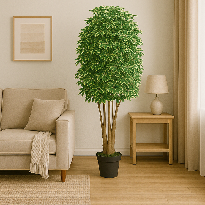 Artificial Schefflera Tree 5.5 Feet Tall – Indoor/Outdoor Faux Plant for Home or Office Decor – Realistic Large Green Tree with Pot – Low Maintenance Plastic Plant for Living Room, Bedroom, Entryway