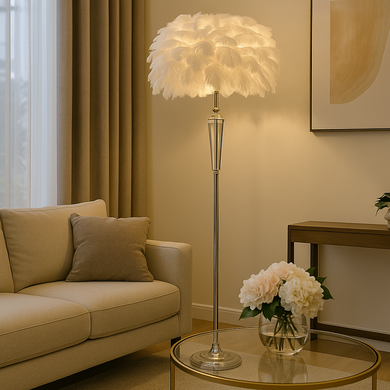 Feather Floor Lamp Standing Lamp with Gold Finish and White Feather Lampshade for Living Room Modern Floor Lamp Decorative Lamp for Bedroom Office Decor