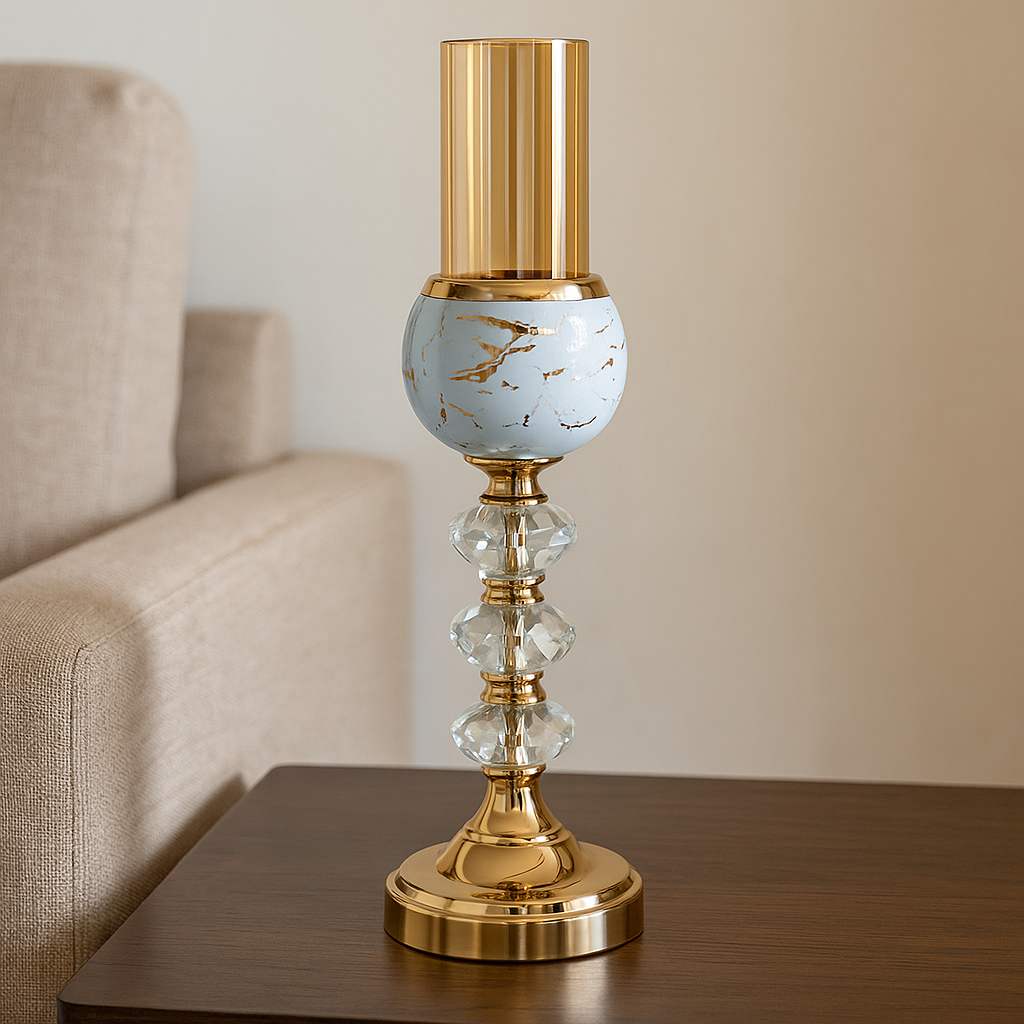Crystal Candle Holder in Gold and White  – Elegant Metal Candlestick for Home Décor with Removable Golden Glass (ONE PIECE INCLUDED - Multiple Sizes Available)
