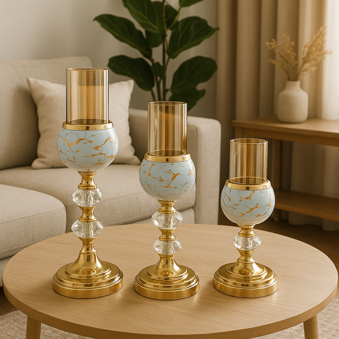 Crystal Candle Holder in Gold and White  – Elegant Metal Candlestick for Home Décor with Removable Golden Glass (ONE PIECE INCLUDED - Multiple Sizes Available)