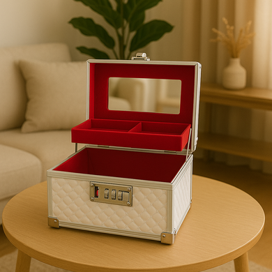 Portable Jewelry Box with Lock Fashion Beauty Suitcase with Lock Silver and White Storage Box Cases