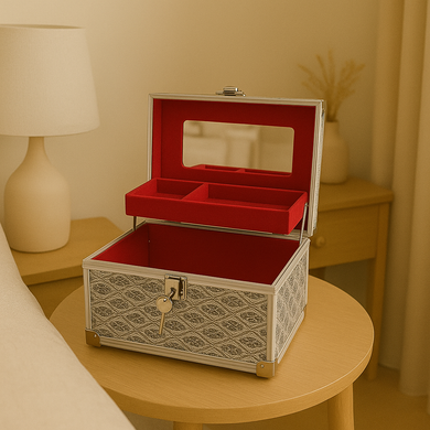 Portable Jewelry Box with Lock Fashion Beauty Suitcase with Lock Aluminum Silver with Shiny Glitter Storage Box Cases