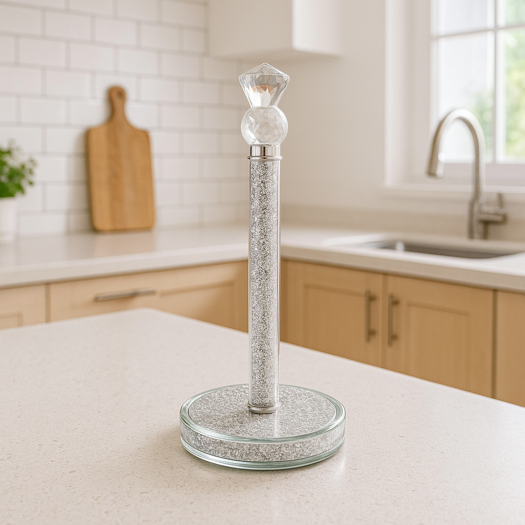 Handmade Sliver Paper Towel Roll Holder, Filled with Sparkly Crystal Crushed Diamonds for Kitchen/Bathroom Towel Tissue Roll Countertop