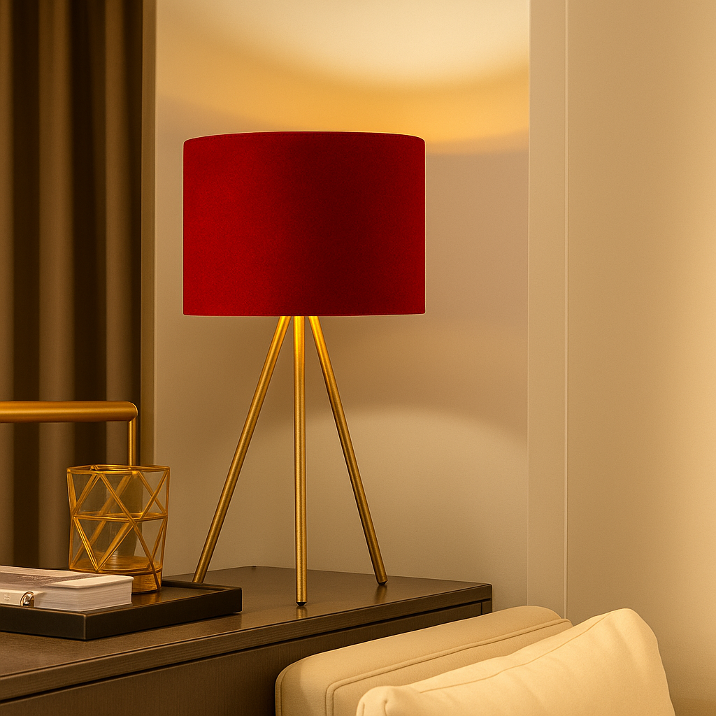 Table Lamp with Red Velvet Shade – Luxury Gold Tripod Modern Accent Lamp with Cord Switch for Bedroom, Living Room, or Office (25 x 14 Inch)