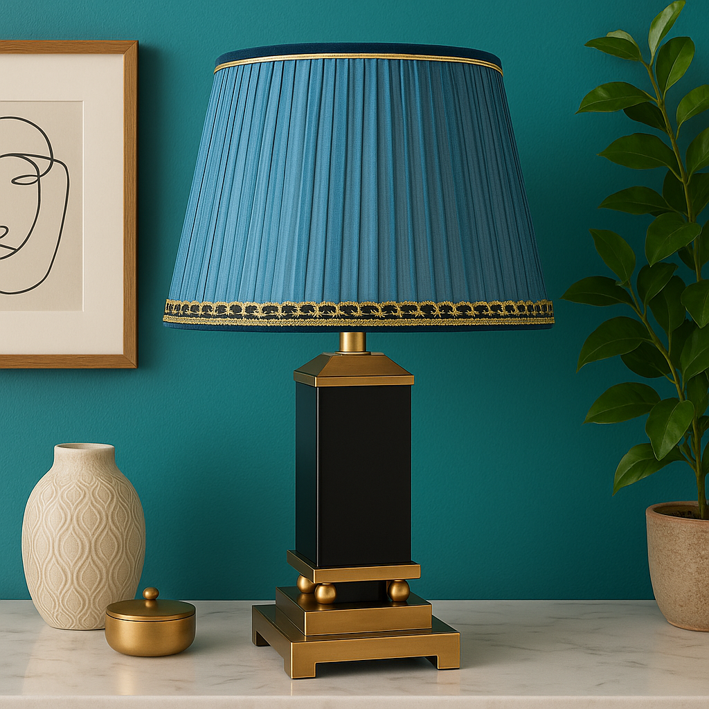 Table Lamp Gold & Black Gorgeous Metal Base with Blueish Teal Lampshade