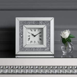 Tabletop Clock Luxury Mirrored – Crushed Crystal Square Clock with Roman Numerals in Silver or Gold – Elegant 10" x 10" Decorative Accent for Home or Office