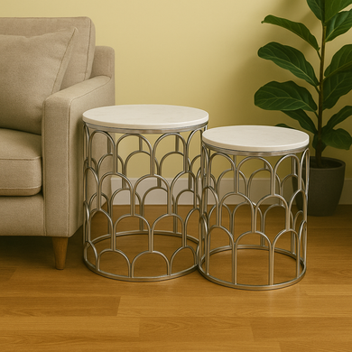 Side Tables Silver with White Marble Top Decorated End Tables for Home Decor Living Room Bedroom Offices (ONE PIECE INCLUDED)