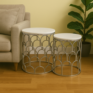 Side Tables Silver with White Marble Top Decorated End Tables for Home Decor Living Room Bedroom Offices (ONE PIECE INCLUDED)