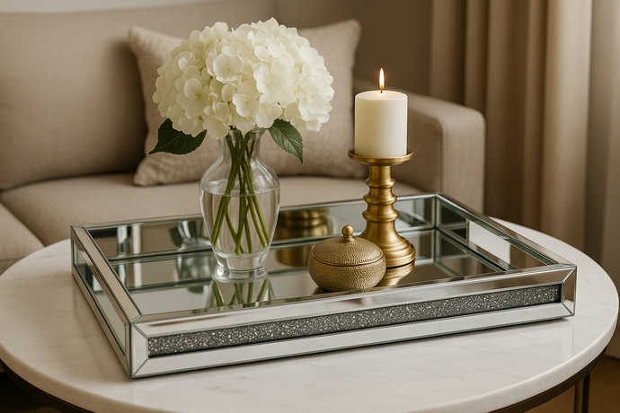 Silver Tray Crushed Crystals Mirrored Tray with Handles for Ginger Jars or Decorations, Vanity Perfume Tray, Rectangular Decorative Serving Tray
