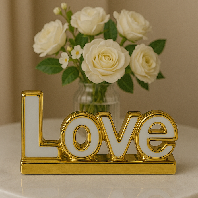 LOVE Letter Sign Centre Piece in Gold/Silver Ceramic for Table Top with White Colour Handmade Accent Centre Piece Home Decor