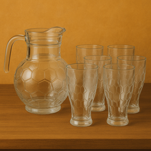 7-piece Set Glasses 6 Drinking Cups Soccer Football Shape with 1 Jug Everyday Use Clear Heavy Glass Juice Cups Set of SEVEN