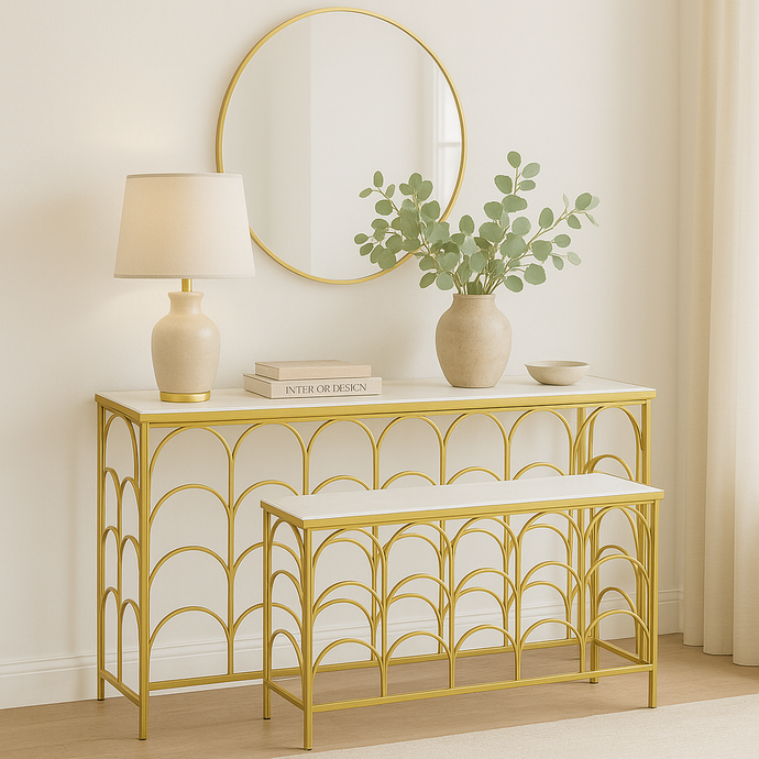 Console Table Gold Entrance Marble Top Table in Golden with White & Grey Shade Marble Top Available in TWO Sizes