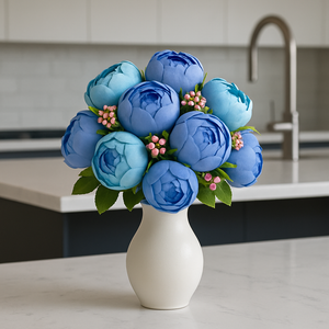 Artificial Peonies Flower Bunch 13 Small Peony Heads Flower Bouquet Silk Floral Bunch in TWO BLUE SHADES with Light Pink Fillers Greeneries for Home Decor, Office, Bedroom, Living Room Flowers for Vases