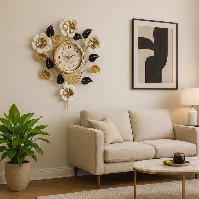 Wall Clock Flower Clock Gold Wall Decoration, Creative Handmade Mute Non-Ticking Clock Stainless Steel Wall Clock with Gold Tinted Mirrors Flower Design for Living Room, Bedroom, Office, Corridor