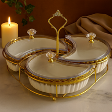 3-piece Serving Snack Plate White and Gold with Metal Stand Kitchen Tray Moon Bowls Ceramic for Fruits, Nuts Organizer, Multi Sectional Serving Plate