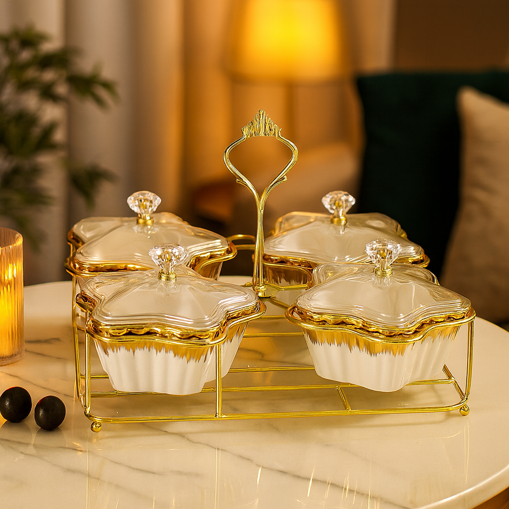 4-piece Serving Snack Plate White and Gold with Metal Stand Kitchen Tray Star Bowls Ceramic for Fruits, Nuts Organizer, Multi Sectional Serving Plate