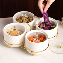 4-piece Set Serving Snack Tray Kitchen Golden Heart Shape Metal Tray White Ceramic Bowls for Fruits, Nuts Organizer, Multi Sectional Serving Plate