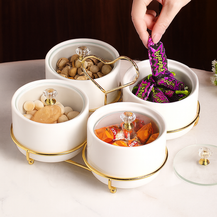 4-piece Set Serving Snack Tray Kitchen Golden Heart Shape Metal Tray White Ceramic Bowls for Fruits, Nuts Organizer, Multi Sectional Serving Plate