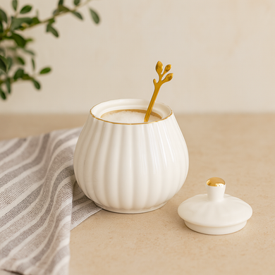 Condiment Jar with Lid Gold Decorative White Jar for Sugar or Kitchen Spice with Golden Spoon