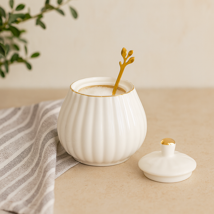Condiment Jar with Lid Gold Decorative White Jar for Sugar or Kitchen Spice with Golden Spoon