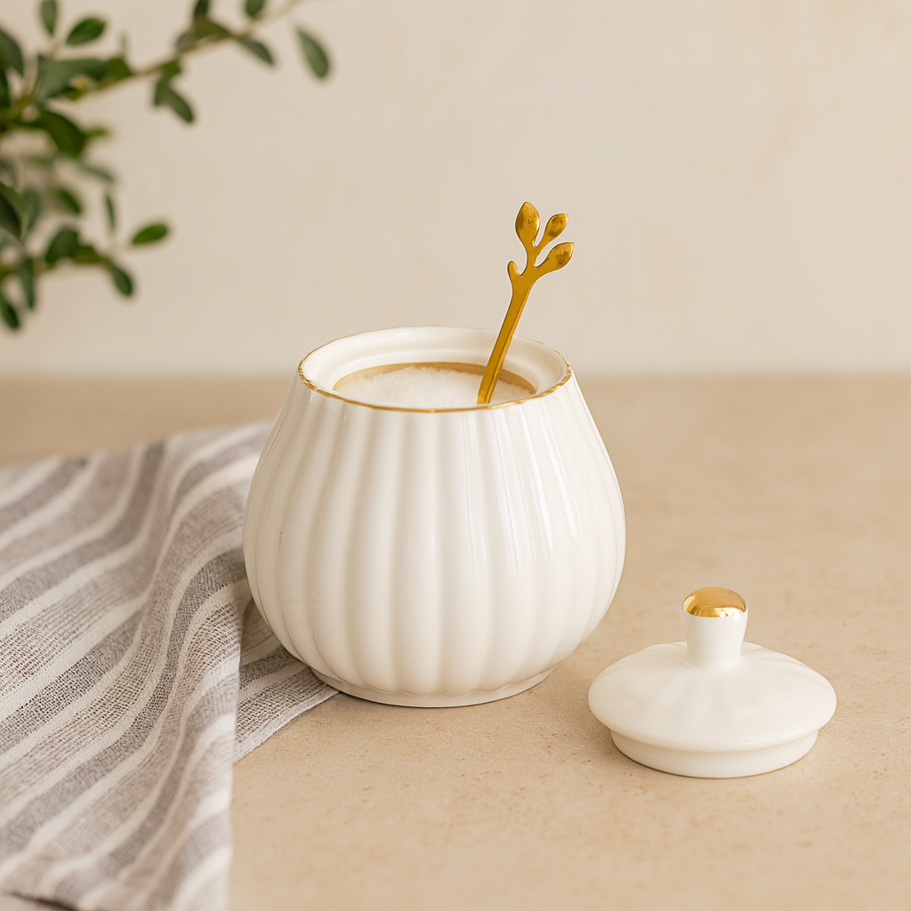 Condiment Jar with Lid Gold Decorative White Jar for Sugar or Kitchen Spice with Golden Spoon