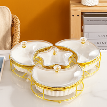 4-piece Serving Snack Plate with Gold Metal Stand Kitchen Golden Metal Tray Moon and Star Bowls Ceramic for Fruits, Nuts Organizer, Multi Sectional Serving Plate