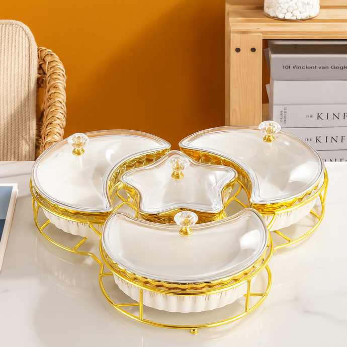 4-piece Serving Snack Plate with Gold Metal Stand Kitchen Golden Metal Tray Moon and Star Bowls Ceramic for Fruits, Nuts Organizer, Multi Sectional Serving Plate