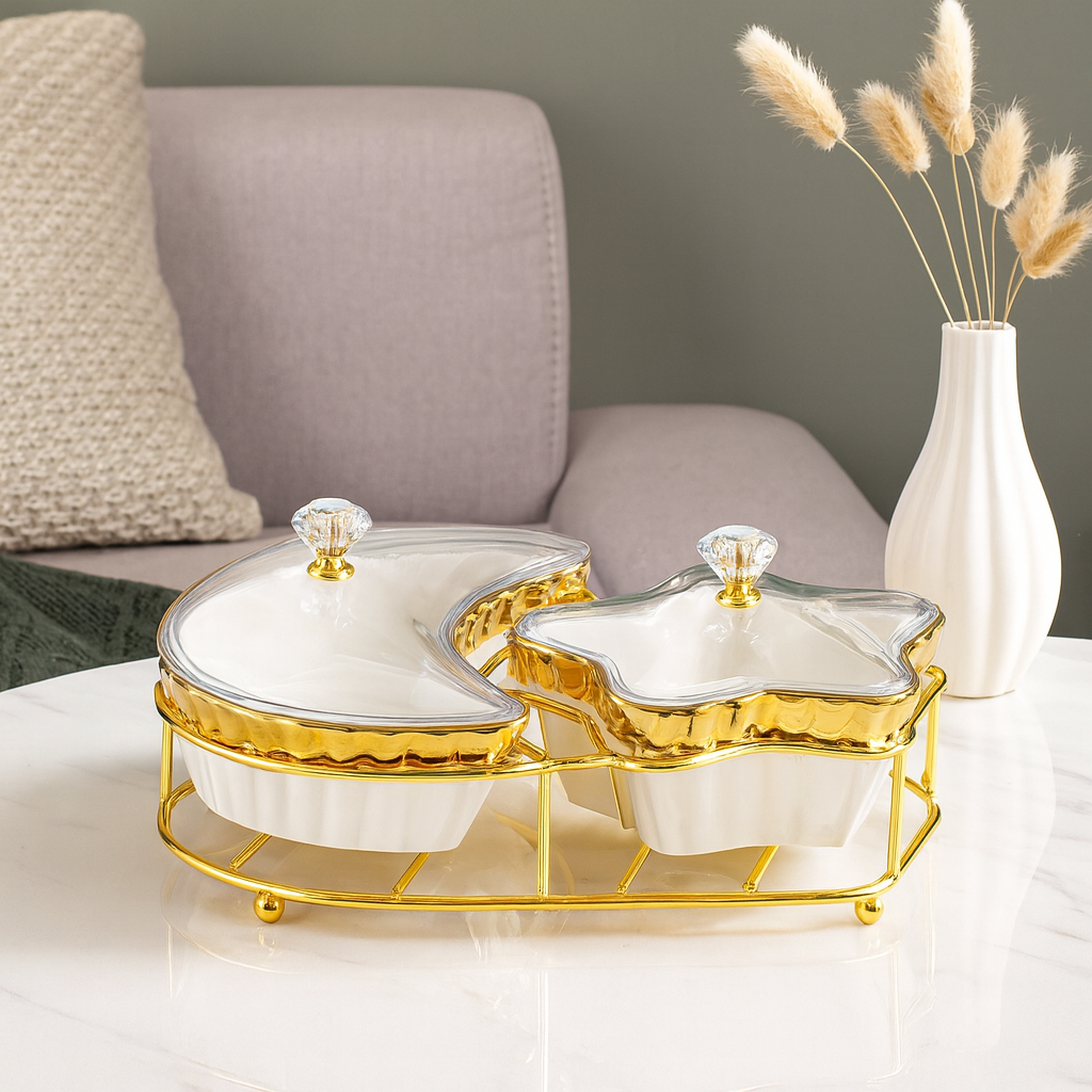 2-piece Serving Snack Plate with Gold Metal Stand Kitchen Golden Metal Tray Moon and Star Bowls Ceramic for Fruits, Nuts Organizer, Multi Sectional Serving Plate