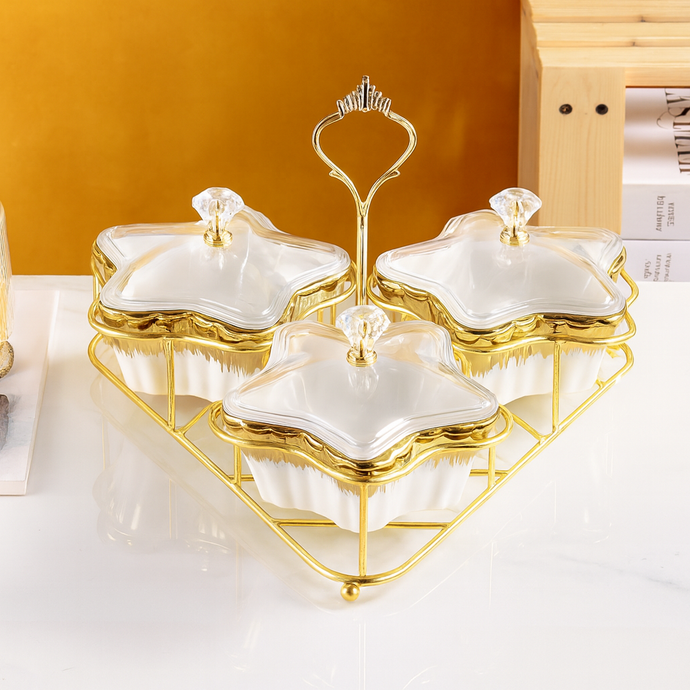 3-piece Serving Snack Plate White and Gold with Metal Stand Kitchen Tray Star Bowls Ceramic for Fruits, Nuts Organizer, Multi Sectional Serving Plate
