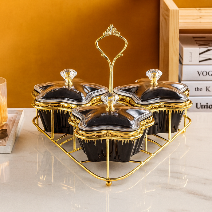 3-piece Serving Snack Plate Black and Gold with Metal Stand Kitchen Tray Star Bowls Ceramic for Fruits, Nuts Organizer, Multi Sectional Serving Plate