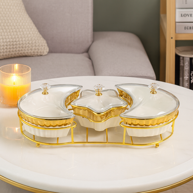 3-piece Serving Snack Plate with Metal Tray Kitchen Golden Jars Tray Moon and Star Bowls Ceramic for Fruits, Nuts Organizer, Multi Sectional Serving Plate