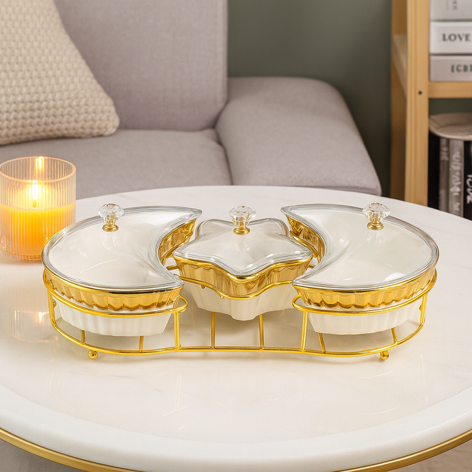 3-piece Serving Snack Plate with Metal Tray Kitchen Golden Jars Tray Moon and Star Bowls Ceramic for Fruits, Nuts Organizer, Multi Sectional Serving Plate