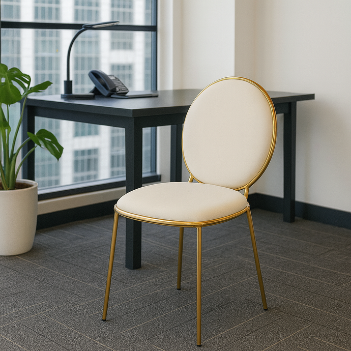 Modern Velvet Dining Chair with Gold Metal Legs, Oval Back Accent Chair for Dining Room, Bedroom, or Vanity – Off-White Upholstery, Elegant Home Decor Seating