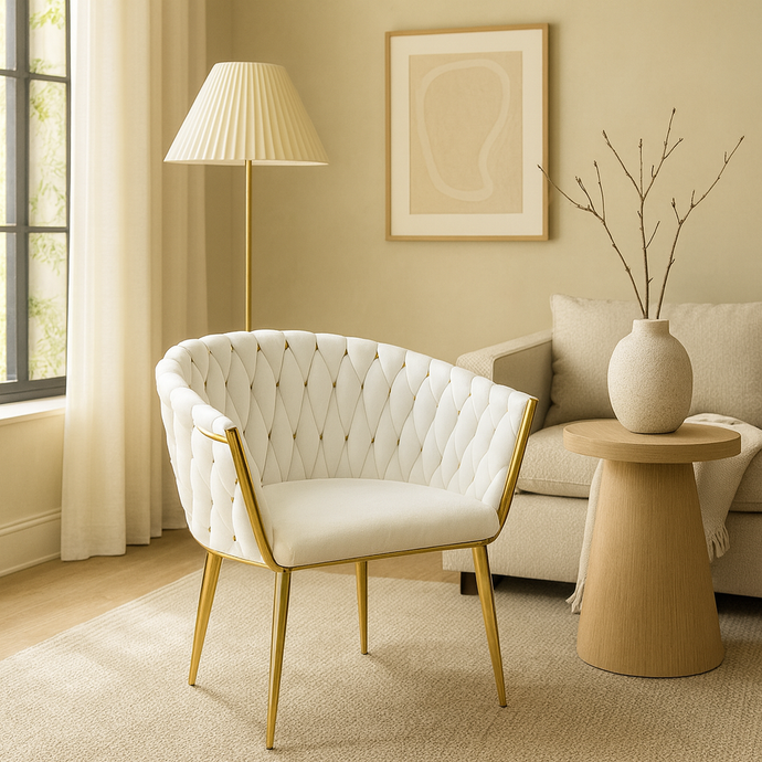 Velvet WHITE Accent Chair with Tufted Shell Design and Gold Metal Frame – Modern Curved Back Lounge Chair for Living Room, Bedroom, or Office – Elegant Off-White Upholstery