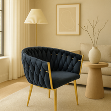Velvet BLACK Accent Chair with Tufted Shell Design and Gold Metal Frame – Modern Curved Back Lounge Chair for Living Room, Bedroom, or Office – Elegant BLACK Upholstery