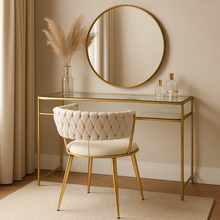 Velvet WHITE Accent Chair with Tufted Curved Design and Gold Metal Frame – Modern Curved Back Lounge Chair for Living Room, Bedroom, Dining or Office – Elegant OFF-WHITE Upholstery