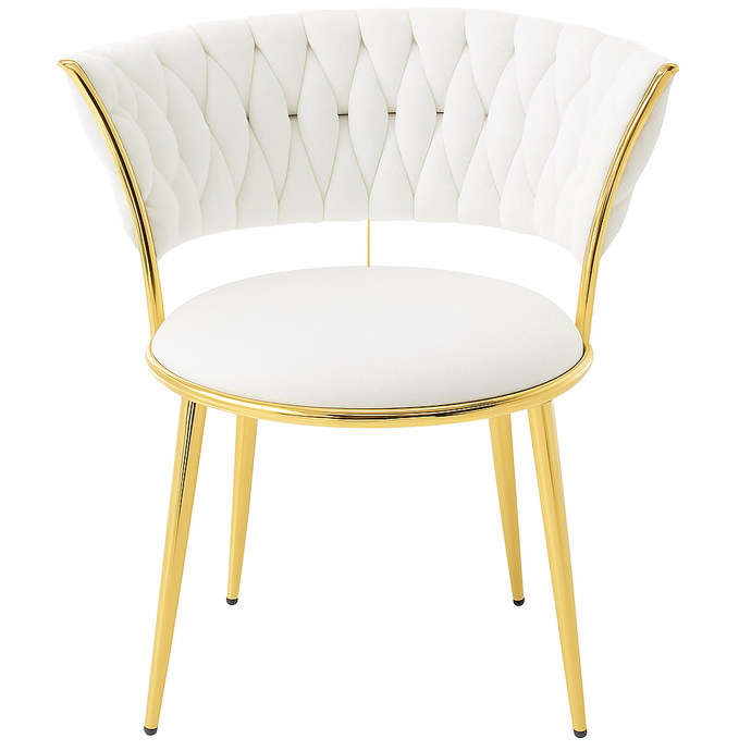 Velvet WHITE Accent Chair with Tufted Curved Design and Gold Metal Frame – Modern Curved Back Lounge Chair for Living Room, Bedroom, Dining or Office – Elegant OFF-WHITE Upholstery