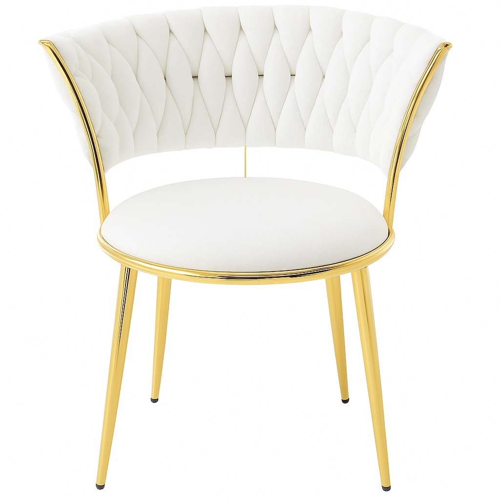 Velvet WHITE Accent Chair with Tufted Curved Design and Gold Metal Frame – Modern Curved Back Lounge Chair for Living Room, Bedroom, Dining or Office – Elegant OFF-WHITE Upholstery