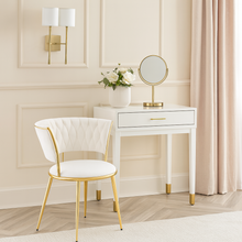 Velvet WHITE Accent Chair with Tufted Curved Design and Gold Metal Frame – Modern Curved Back Lounge Chair for Living Room, Bedroom, Dining or Office – Elegant OFF-WHITE Upholstery