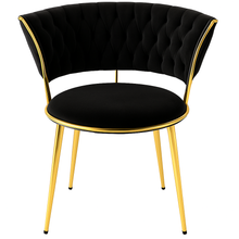 Velvet BLACK Accent Chair with Tufted Curved Design and Gold Metal Frame – Modern Curved Back Lounge Chair for Living Room, Bedroom, Dining or Office – Elegant BLACK Upholstery