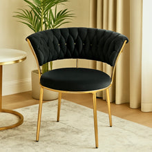 Velvet BLACK Accent Chair with Tufted Curved Design and Gold Metal Frame – Modern Curved Back Lounge Chair for Living Room, Bedroom, Dining or Office – Elegant BLACK Upholstery